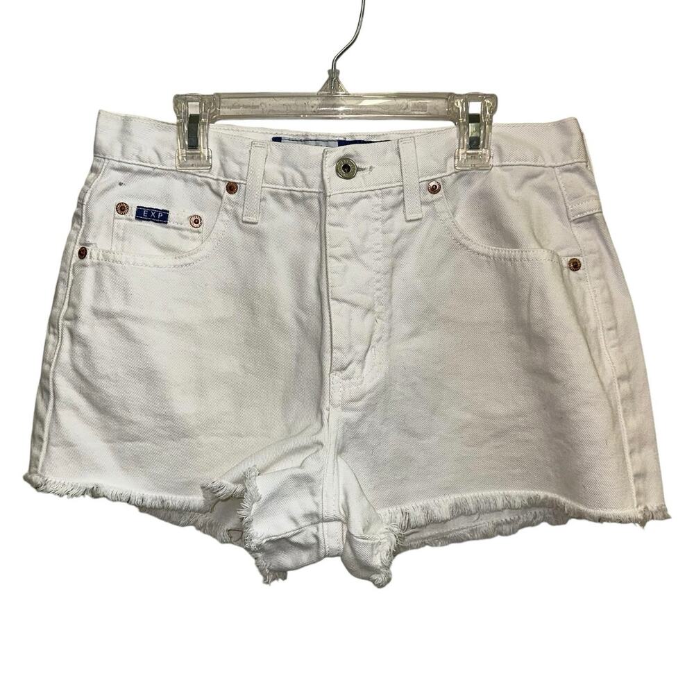 Express Bleus White Denim Shorts 7/8 Raw Hem Frayed Mid‎ Rise
